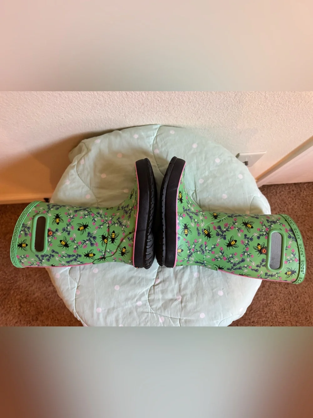 BOGS Kids' rain boots green a pink and blue floral bee print size 12